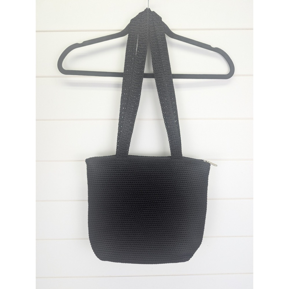 The SAK Crochet Knit Woven Hobo Shoulder Bag Black Minimalist Beach Resort Vacay